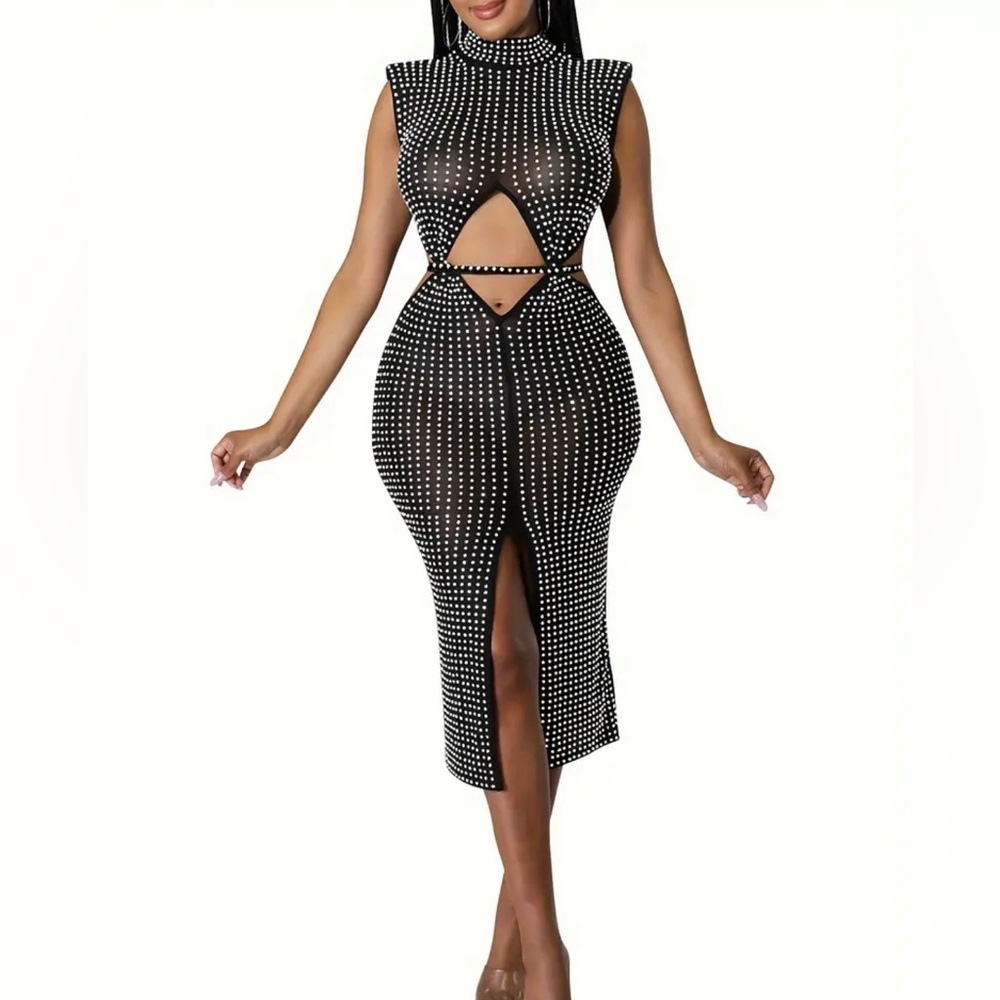 Sleeveless Mesh See-Through Rhinestone Studded Bodycon Midi Dress Size XXL
